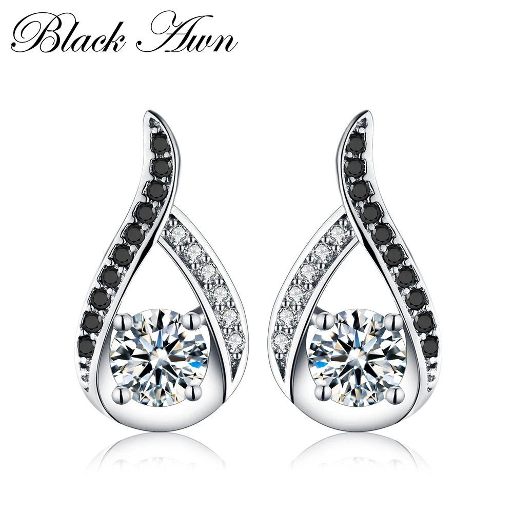 

[BLACK AWN] Genuine 925 Sterling Silver Jewelry Vintage Black Spinel Water Drop Engagement Stud Earrings for Women T004