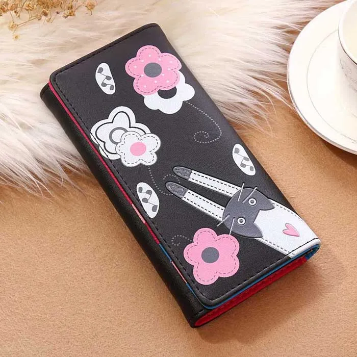 Black Long Женские кошельки фирменного дизайна с кошкой для девушек, кошелек для монет, длинный короткий Стильный клатч для денег, женский кошелек, держатель для карт, кошельки, сумка - Цвет: Black Long