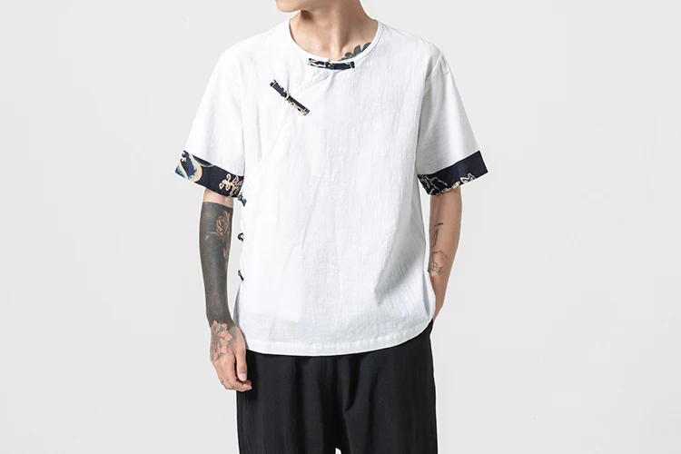 Sinicism Store мужские лоскутные футболки Harajuku уличная летняя хлопковая льняной Топ Мужская футболка в китайском стиле белые футболки