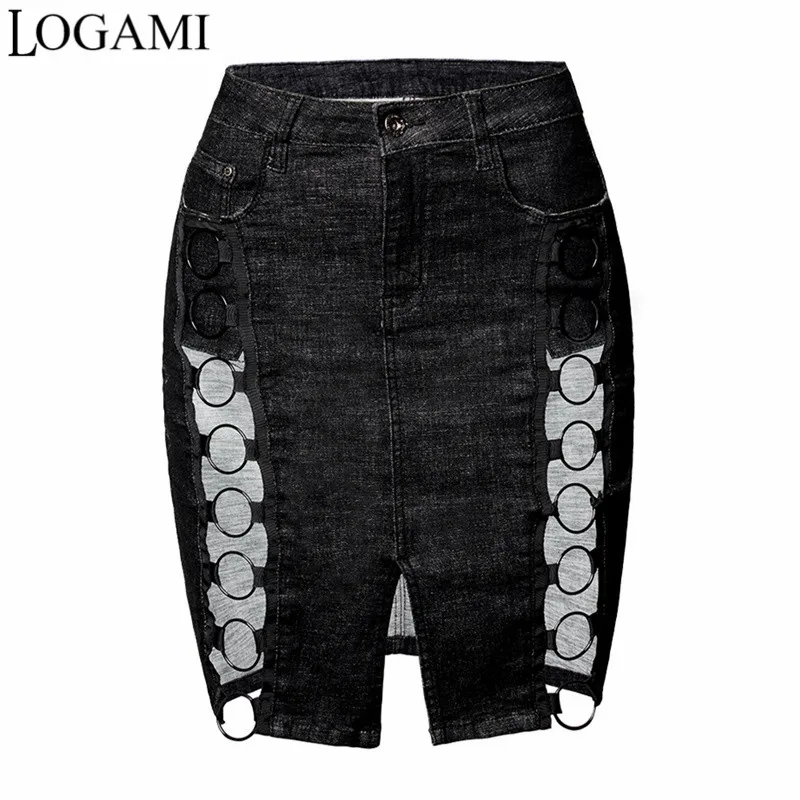 

LOGAMI High Waist Leather Skirt Hollow Out Midi Pencil Skirts Womens Split Denim Skirts Black Blue