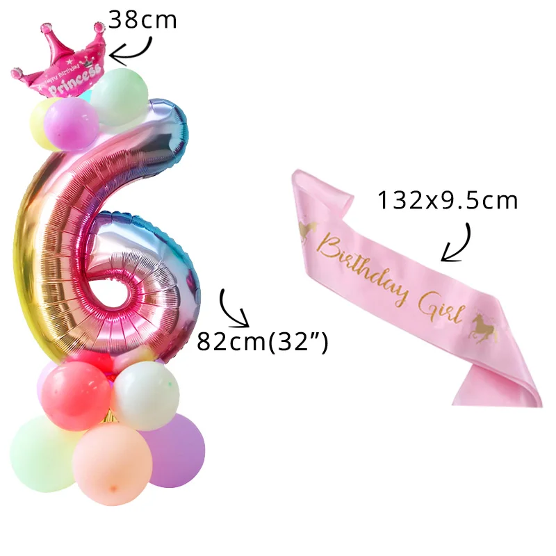 balloon sash crown 6 Радужный шар с цифрами, единорог, воздушные шары, единорог, вечерние наборы шариков из фольги, украшения для дня рождения, Детские вечерние шары для мальчиков и девочек - Цвет: balloon sash crown 6