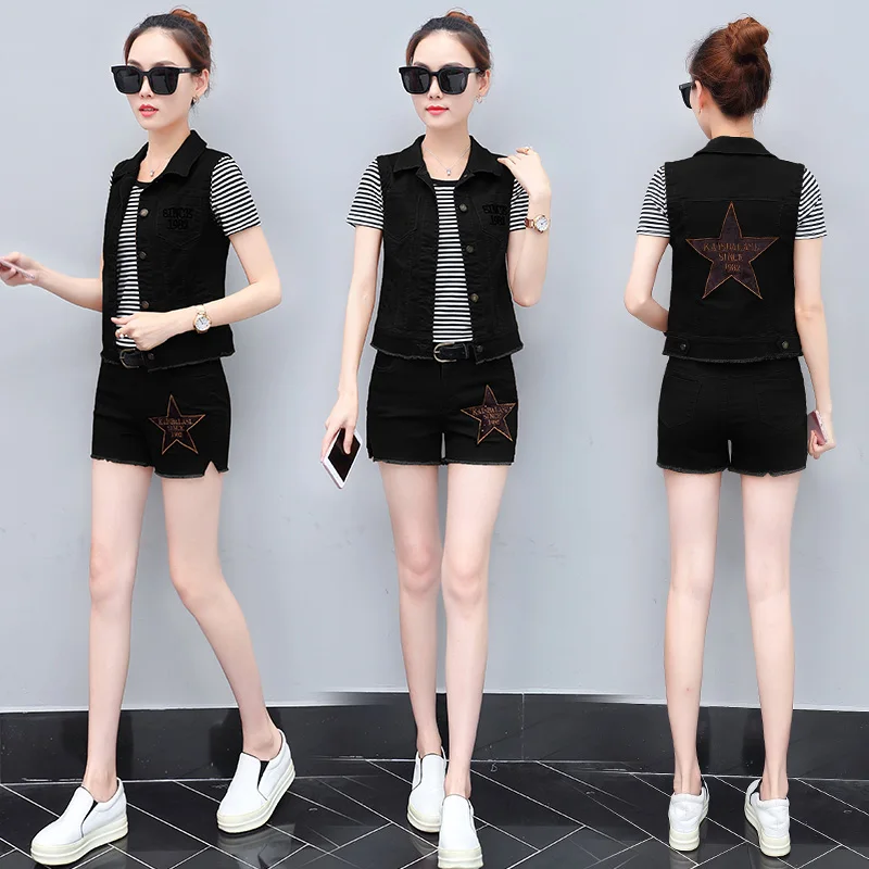 

new 2018 spring summer European fashion denim women vest shorts T shirt leisure three-piece clothing set girl outfit casual kit