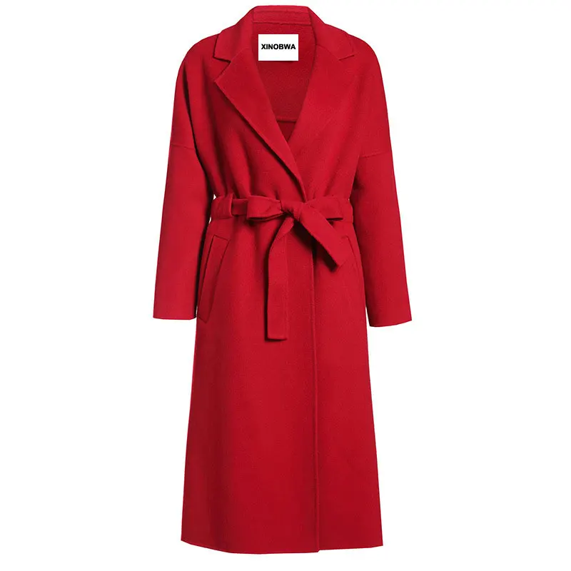 Женское длинное шерстяное пальто кашемировое с отложным воротником и поясом