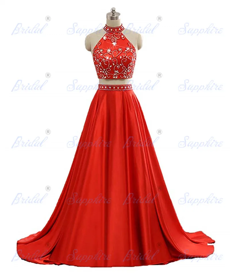 Сапфировые Свадебные Длинные вечерние платья Vestido De 15 Anos De Debutante из двух частей, высококачественное атласное отделанное бисером блестящее Пышное Платье - Цвет: red