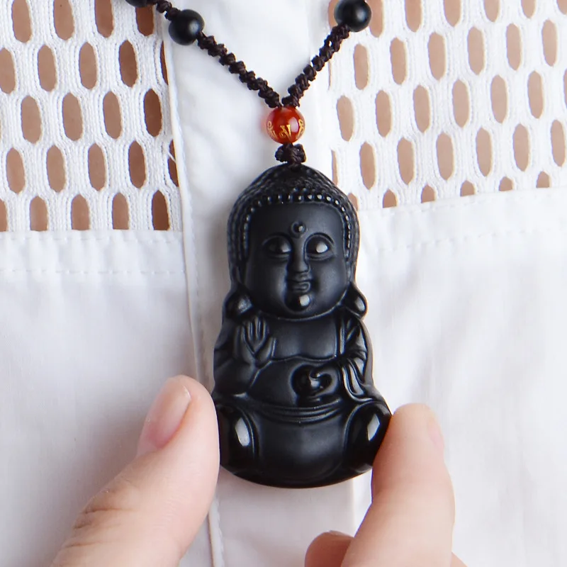 Трехмерная Будда бисера Шторы Природные обсидиана скраб кулон черный Гуаньинь