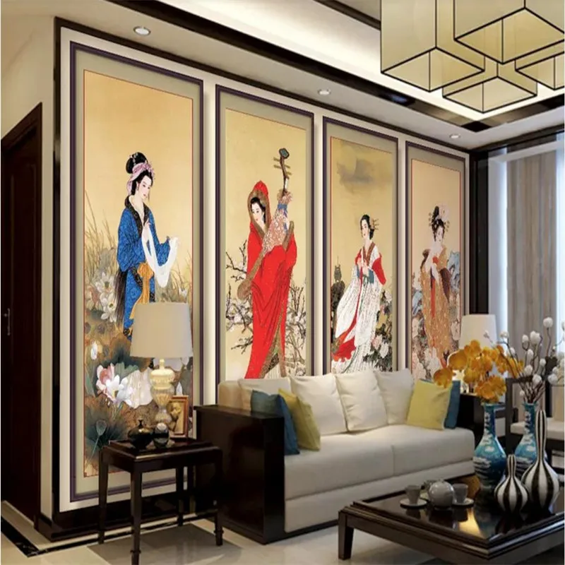 

Custom wallpaper classical four beautiful Chinese style living room TV background wall picture - high quality silk cloth