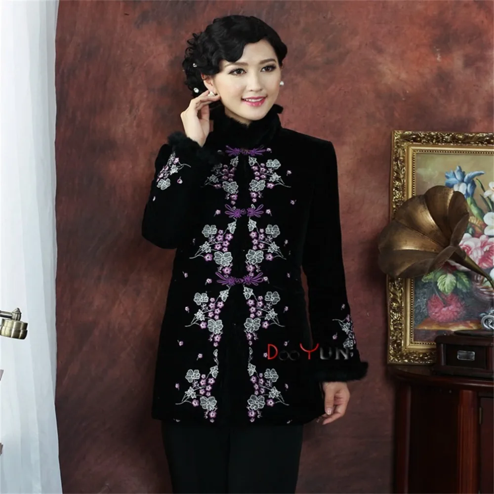 Черная Китайская традиционная элегантная стеганая куртка для женщин среднего