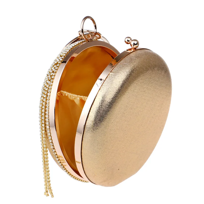 

Luxury Diamond Glitter Tassel Round Shape Evening Bags Fashion Women Party Wedding Day Clytches Gold Silver Chain Purses