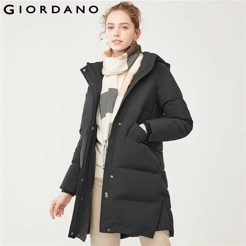 Giordano женский пуховик с длинным подолом,из натурального утиного пуха, со съёмным капюшоном, выполнен в двух цветовых вариантах