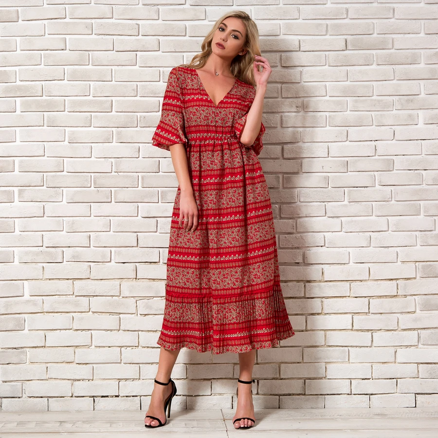Bohemian Chiffon Dress Women Summer 2018 New Arrivals Flare Sleeve V neck Print Boho Dresses Woman Pleated Beach Long | Женская одежда