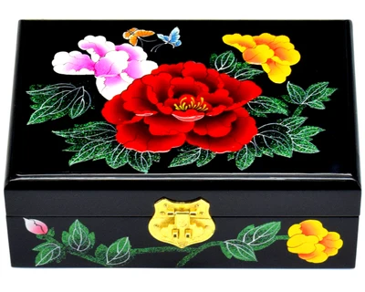 

NEW Chinese handmade classic wooden lacquer & peony jewelry box 2 layers