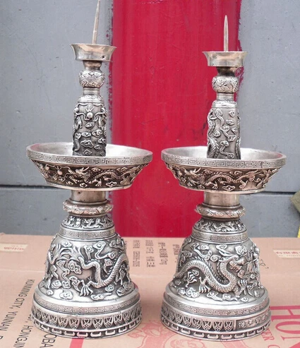 Бесплатная доставка бронзовое покрытие серебряный дракон статуя Подсвечник 35 см