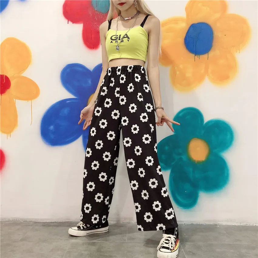 Оранжевый цвет: черный, синий с рисунком в виде ромашек и бандана Kawaii Boho строка Высокая талия карман свободного кроя в стиле «Лолита»; сезон лето брюки корейский брюки Харадзюку Для женщин Симпатичные