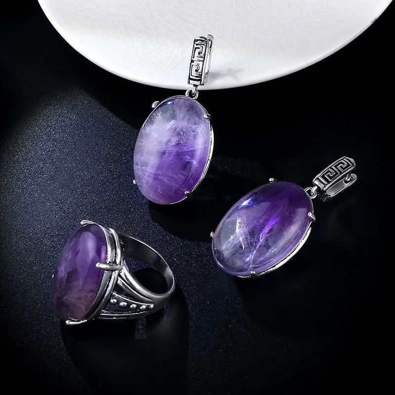 purple Брендовые новые винтажные Женские Ювелирные наборы, большие круглые серьги с камнями, кольца с камнями для женщин, индийские ювелирные наборы rige65 - Окраска металла: purple