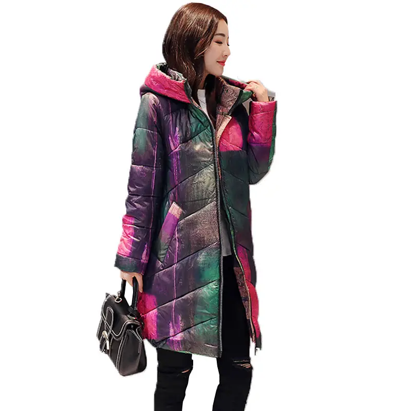 Ukraine Hooded Printed Thicker Winter Down Cotton Jacket Women Long Coat 2018 new Plus size padded Coats Casual Female Parka 402