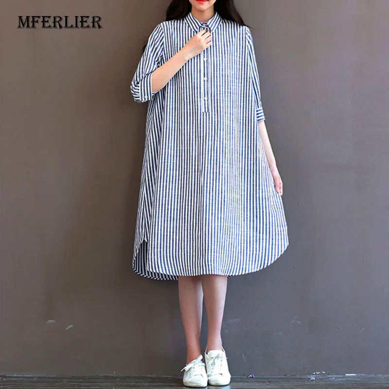 Женское свободное платье в Вертикальную Полоску осеннее рубашка с воротником