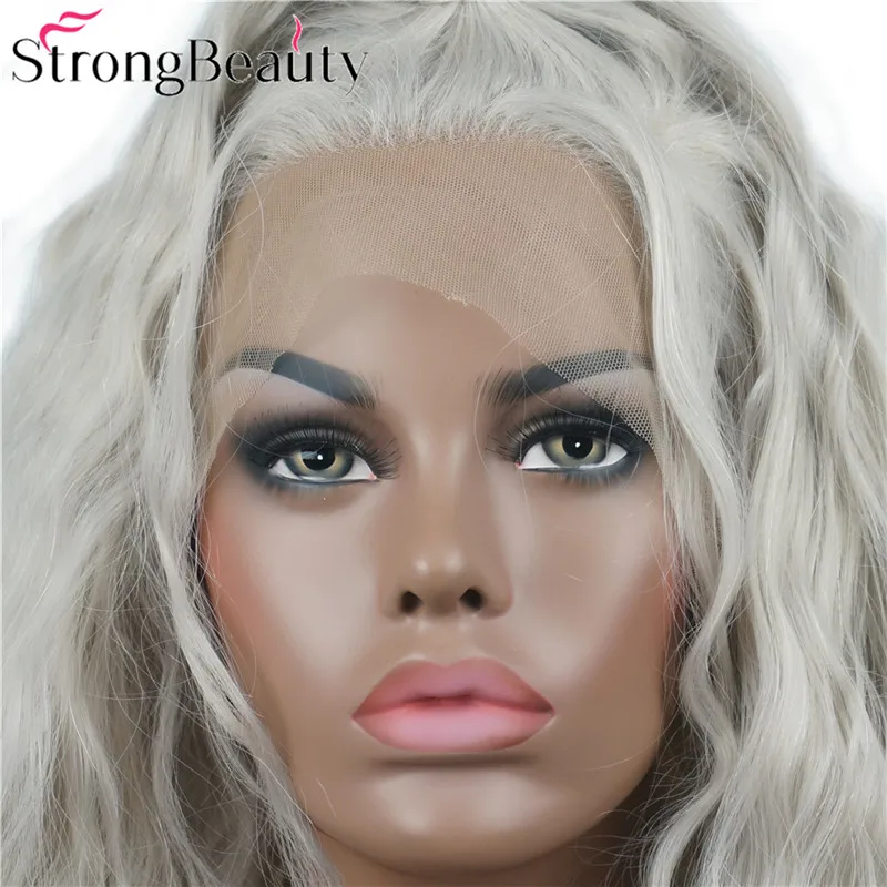 StrongBeauty свободный волнистый парик на кружеве бесклеевой Платиновый серебристо-серый парик термостойкие волосы с конским хвостом для женщин