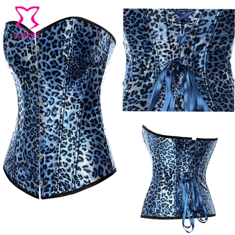 

Corzzet Blue Leopard Satin Waist Trainer Overbust Gothic Corset Steel Boned Sexy Lingerie Hot Bustier Plus Size Strapless Corset