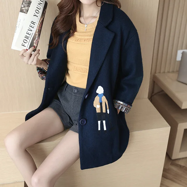 Navy Blue Новинка, Осеннее Женское пальто, Европейская мода, женские шерстяные куртки, тонкая вышивка, верхняя одежда, зимнее серое пальто, кашемировое пальто для женщин - Цвет: Navy Blue