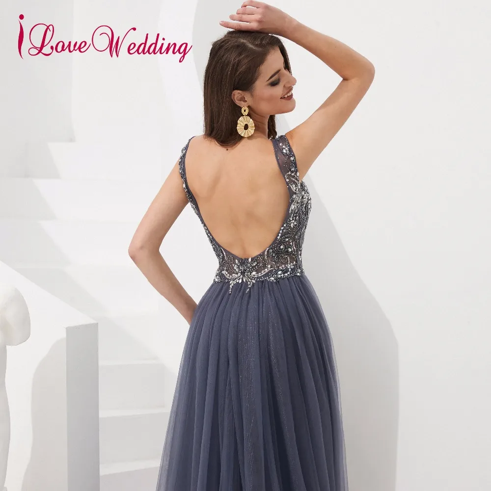 ILoveWedding Robe De Soiree Сексуальное Тонкое торжественное платье с v-образным вырезом и бисером роскошное серое вечернее платье с открытой спиной