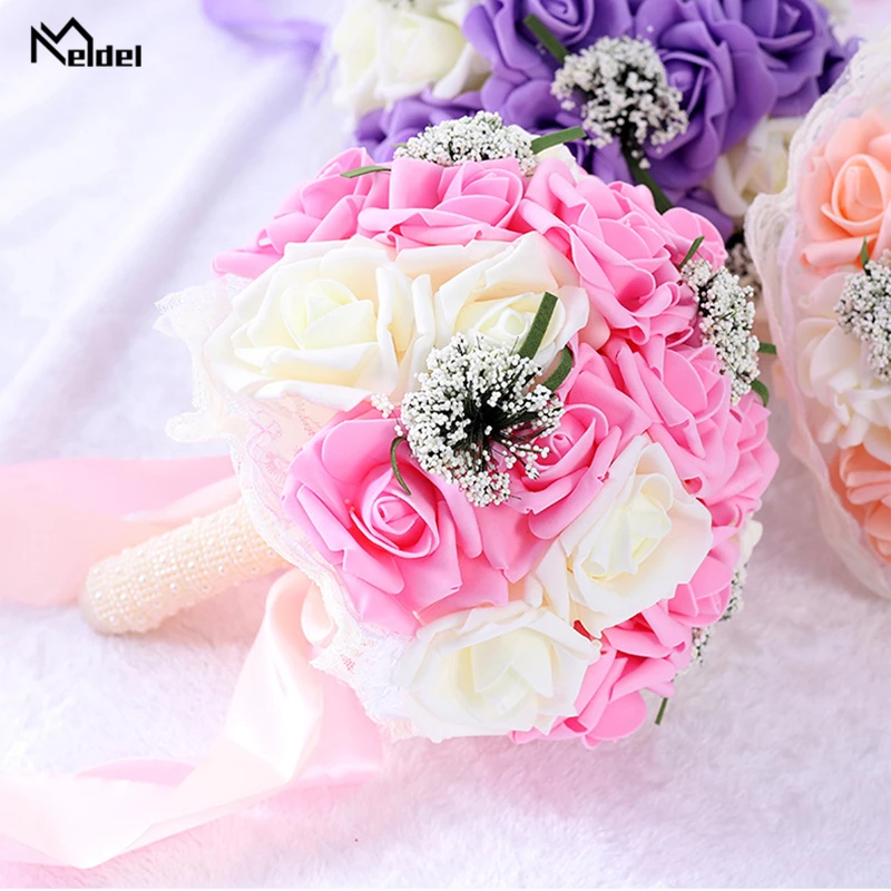 Meldel Bride Wedding Bouquet Bridesmaid Holding Flower Fake Pearl Artificial PE Rose White Party Prom Supplies | Свадьбы и торжества