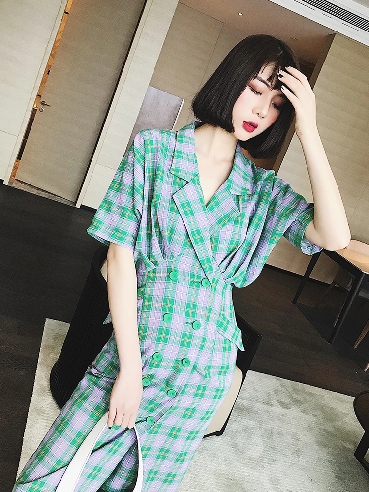 Женские двубортные платья GETSRING клетчатое хлопковое сексуальное платье с