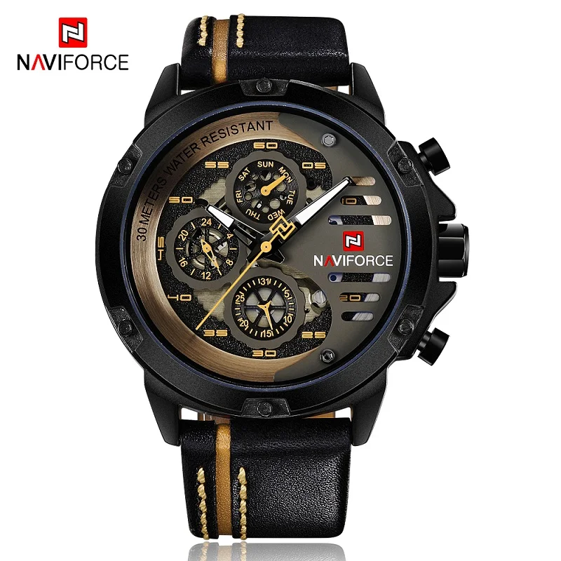 NAVIFORCE Мужские часы мужские спортивные наручные часы хронограф кварцевые часы мужские повседневные кожаные водонепроницаемые часы с циферблатом военные часы - Цвет: Black Brown