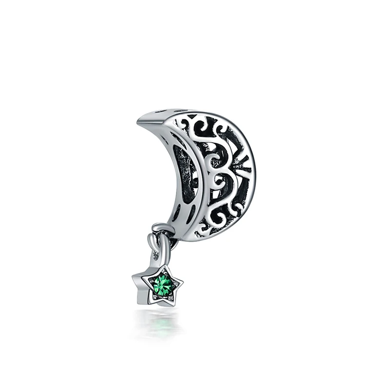 

New Free Shipping Silver Plated Bead Hollow Moon With Green Star Charm Fit Original Bracelet Necklace DIY Women Jewelry