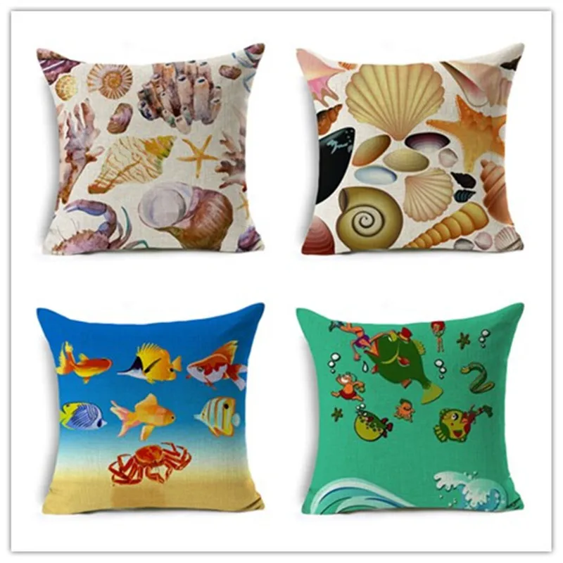 

Cute Ocean Animals Sea Turtle Starfish Pattern Throw Pillow Case Couch Linen Cotton Pillow Cover Cushion Cover Home Decor