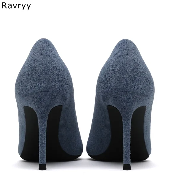 Blue sude leather women's high heel office lady outfits female dress shoes pointed toe thin single slip-on sexy pumps | Обувь