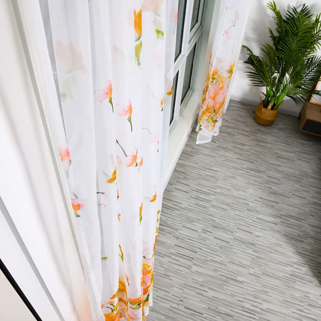 2pcs Peony Flower Print Curtain Tulle Window Treatment Drape Valance Simple Curtain Wear Rod Model 100x200cm L703