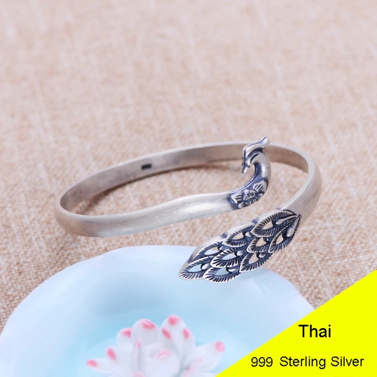 999 Sterling Silver Scrub Peacock Open Ring &amp Bracelet Men Retro Thai Jewelry Gift Finger Bangle CH056016 | Украшения и