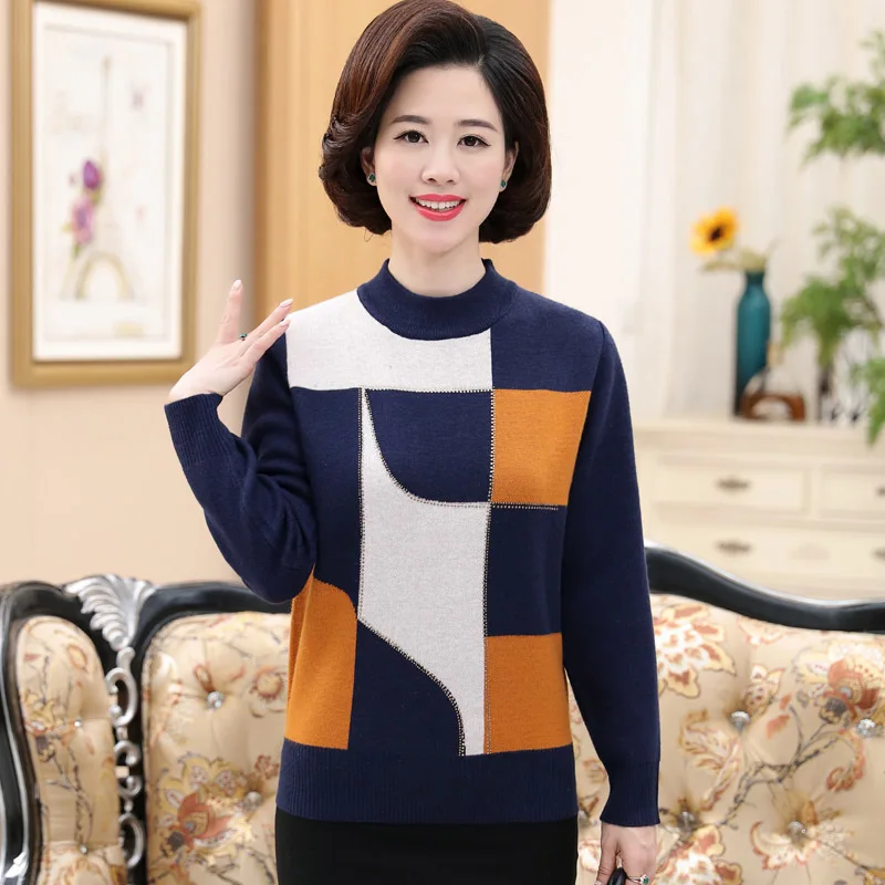 Осенне-зимняя Новинка женская одежда среднего возраста свитер с принтом вязаная