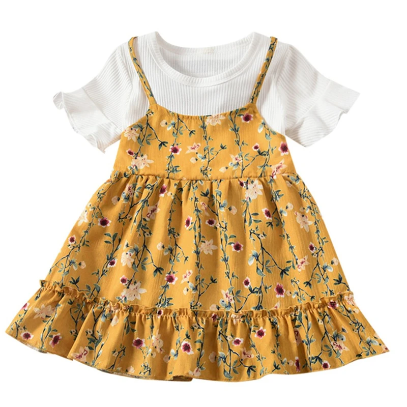 New Dress Cotton Toddler Baby Kids Girls Fly Sleeve Ruched Floral Flowers Print Dresses Clothes Girl Summer 2019 C8$ | Детская одежда и