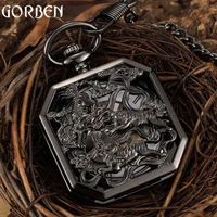 new hollow chinese ancient beast totem carving steampunk unique square skeleton dial hand wind mechanical pocket watch fob chain