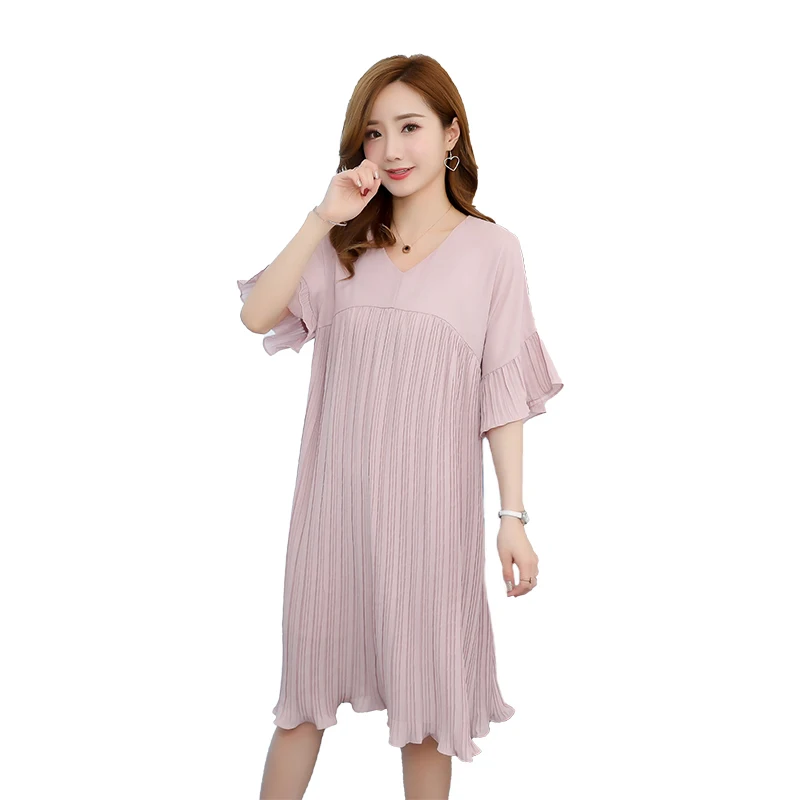 

3XL V Neck Pleated Chiffon Maternity Dress 2019 Summer Korean Fashion Loose Clothes for Pregnant Women Pregnancy Clothing