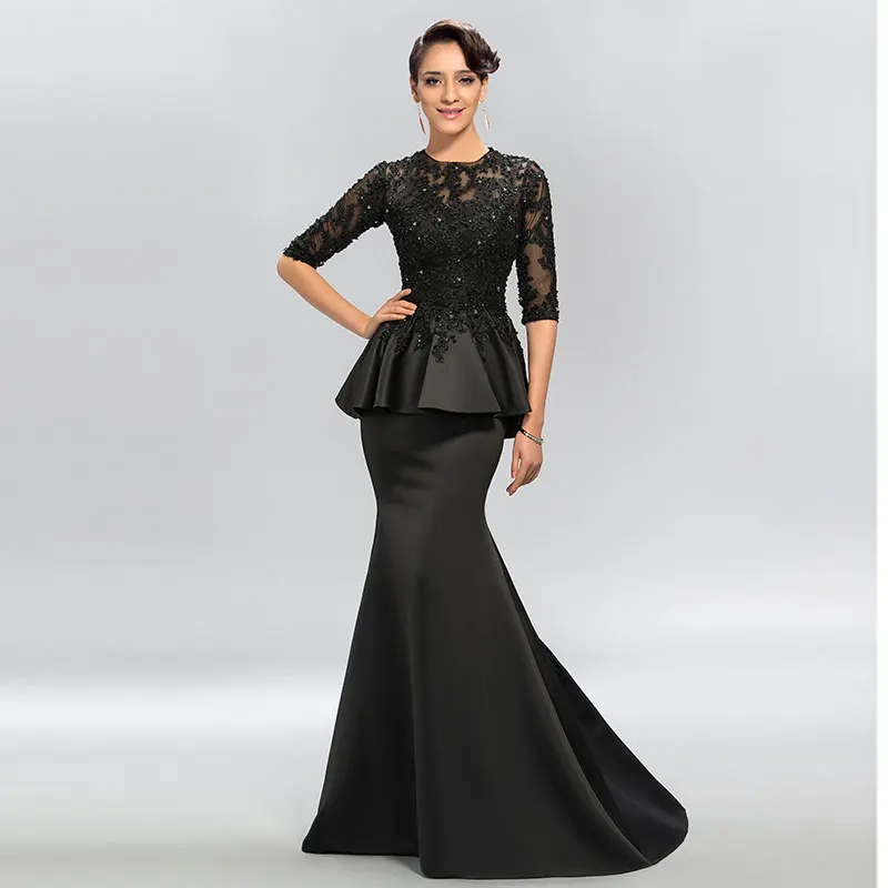 

Tanpell Black Evening DressTrumpet Jewel Appliques Half Sleeves Women Floor Length Proom Party Long Mermaid Evening Gowns