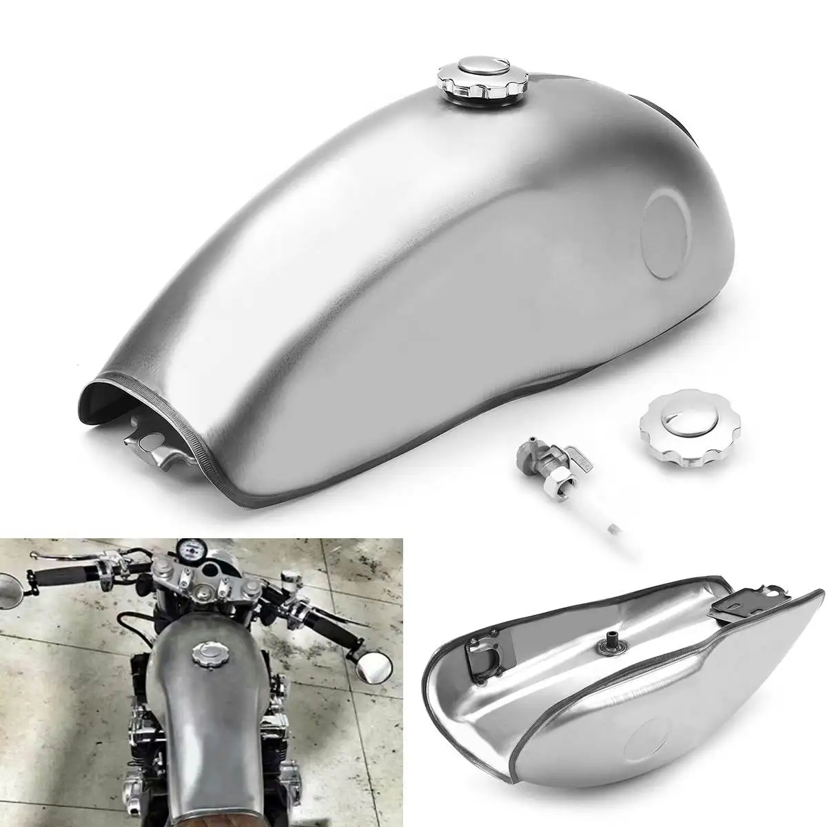 Silver Vintage Universal 10L Cafe Racer Fuel Gas Tank For Suzuki/for Yamaha/for Honda 750 550 with Thick Iron Cap Switch