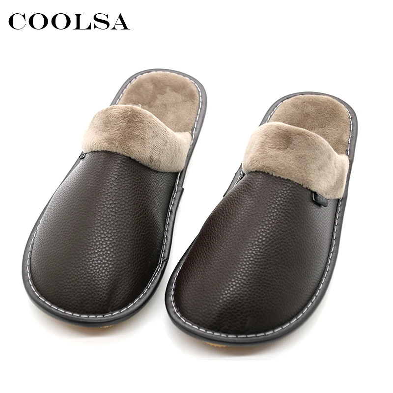 Coolsa зима Для мужчин кожа хлопок Шлёпанцы для женщин из мягкой искусственной кожи
