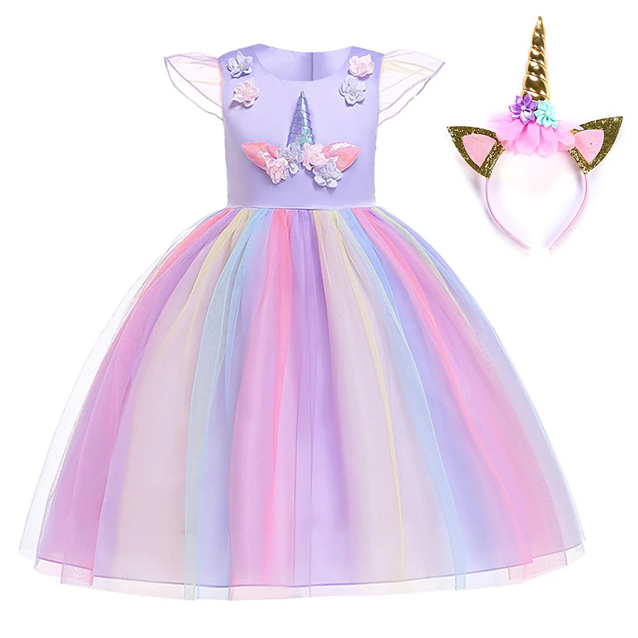 Multicolour Girls Cosplay Unicorn Dress Flying Sleeve Princess Girl Birthday Party Dresses Child Kids Halloween Costume | Детская одежда