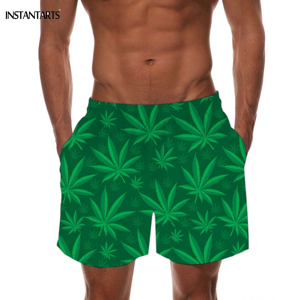 INSTANTARTS Tropical Hemp Weed Leaves/Maple Leaf Pattern Man's Swimming Trunks Beach Board Shorts Quick Dry Sports Swim Suits