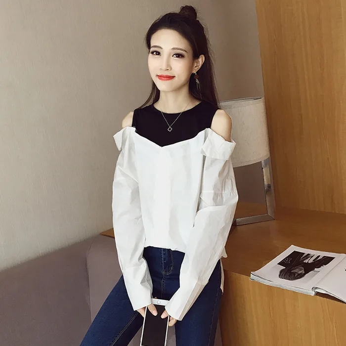 luxury brand designer spring autumn style blouse women Sexy white blouses lady shirts Fake two-piece off shoulder top blusas |