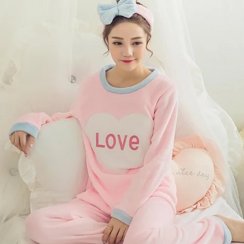 24 Pink LOVE Осенне-зимняя женская пижама, мягкий плотный фланелевый пуловер с длинными рукавами и круглым вырезом и рисунком Совы+ штаны, теплая одежда для сна, Mujer Primark - Цвет: 24 Pink LOVE