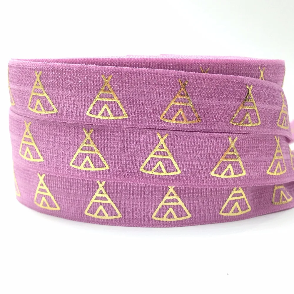 

New Arrival Teepee Print Mauve Fold Over Elastic 10 yards/lot 5/8" Gold Foil FOE Ribbon Webbing for DIY Headwear Hair Accessory