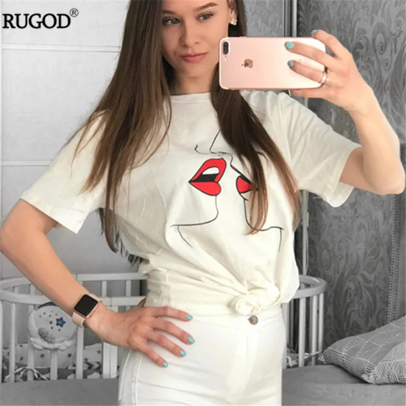 RUGOD Белая футболка для женщин Сладкий поцелуй Повседневное О образный вырез