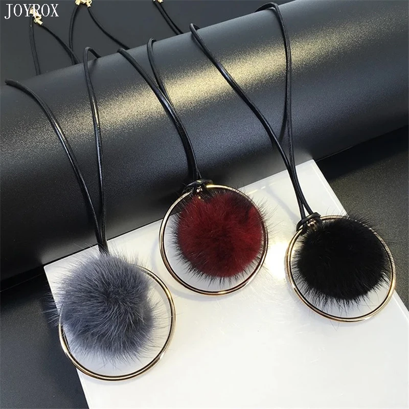 POPLO High Quality Fashion Mink Fur Ball Metal Round Necklaces For Women Vintage Statement Necklace Sweater Chain Winter Jewelry | Украшения