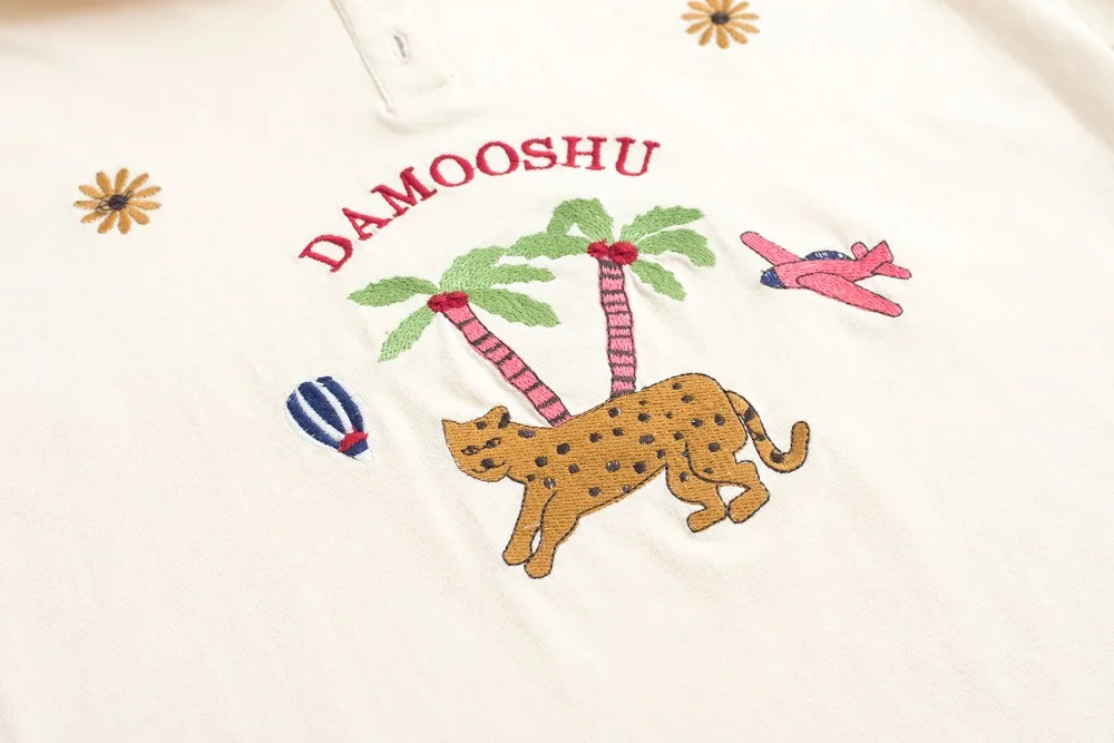 Original Design Women Summer Cotton T-shirt High Quality Wild Leopard Embroidery Turn Down Collar Lady White Tee Shirt Top Loose | Женская