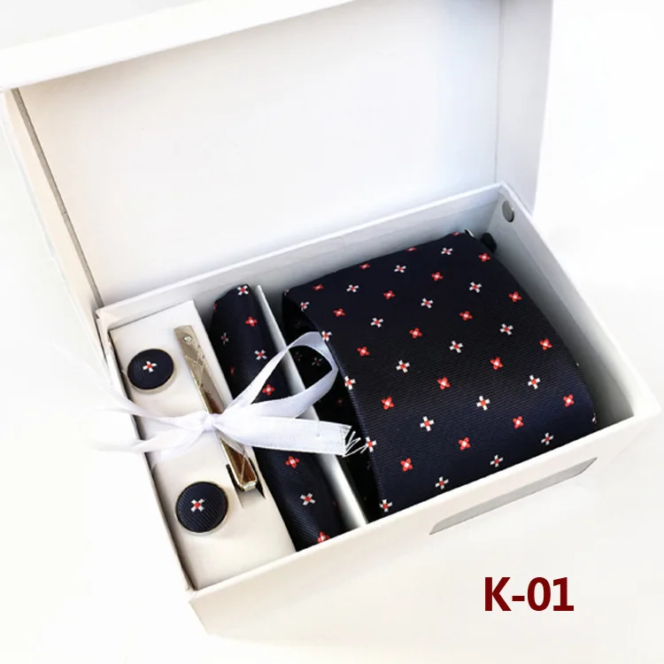 Luxury 8cm Plaid Polka Dot Flower Floral Necktie Pocket Square Cufflinks Tie Clip Set Gift Box Packing Gravata Wedding Party Tie