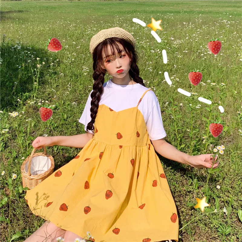 Новые летние милые платья в японском стиле для женщин, Kawaii, клубничный принт, короткий рукав, поддельные два предмета, платье для девочек, милое платьице