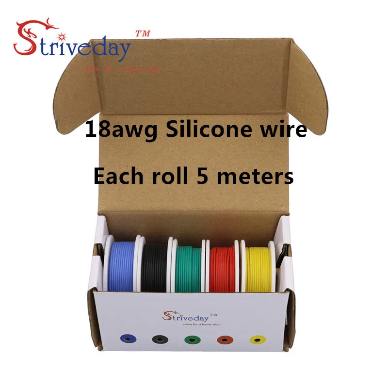 Гибкий силиконовый кабель 18AWG 25mx 5 цветов в коробке 1 коробка 2 посылка луженая